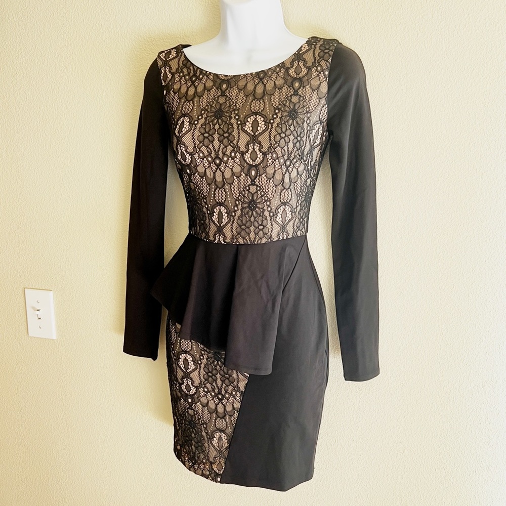 Bebe long sleeve lace black sheath dress w/ semi-peplum waist, XXS